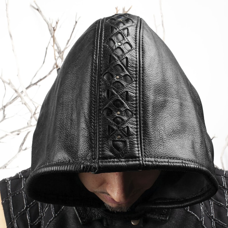 Leather Hood, Medieval Hood, Mystic Hood, Filigree Leather, 22.5-23.5 Head, Cosplay, Steampunk, Burning Man Hood, Leather Hoodie, Wizard image 5