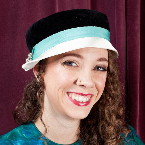 1940s, Jacques Fath Paris, Black Velvet Hat, Vinta