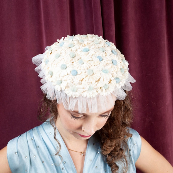 1940's, Daisy Vintage Doll Hat, White & Blue Hat,