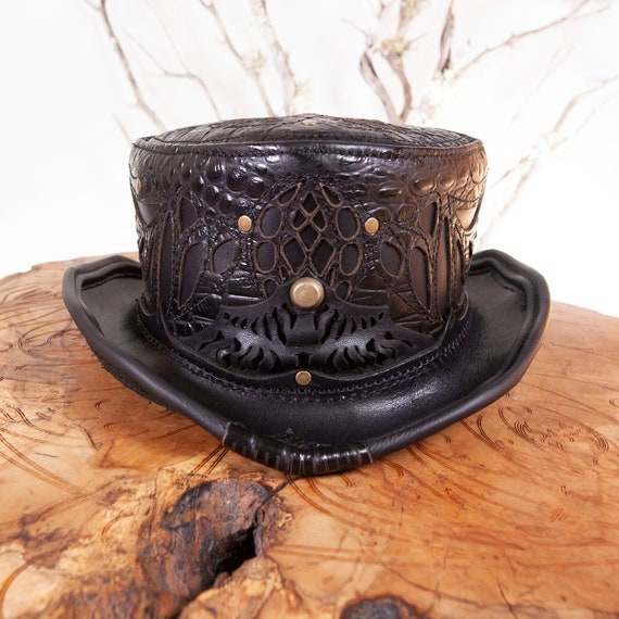 Short Top Hat Steampunk Hat Adjustable Size Brown Leather Hat Tophat Leather Top Hat Brass Leather Hat Mens Top Hat Burning Man Hat