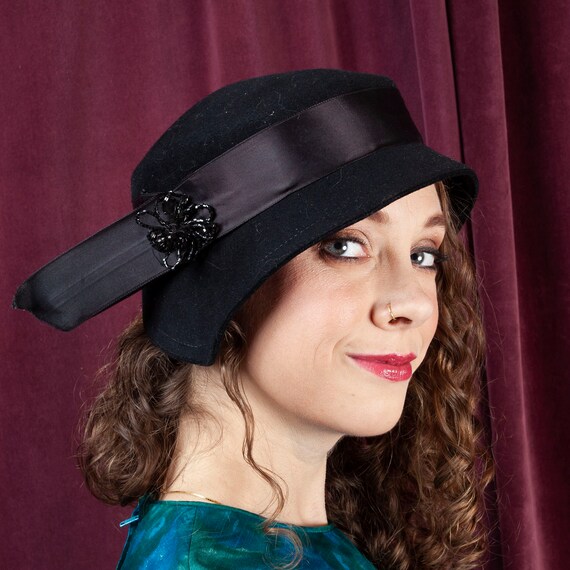 1930s, Vintage Black Cloche Hat,30s, Felt Hat, Bla