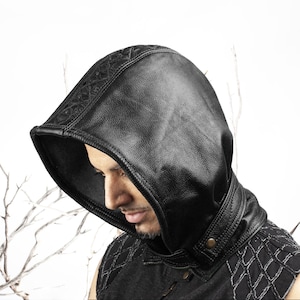 Leather Hood, Medieval Hood, Mystic Hood, Filigree Leather, 22.5-23.5 Head, Cosplay, Steampunk, Burning Man Hood, Leather Hoodie, Wizard image 2