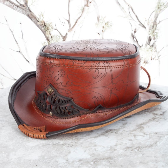 Leather Top Hat Short Top Hat Brown Leather Hat Brass -