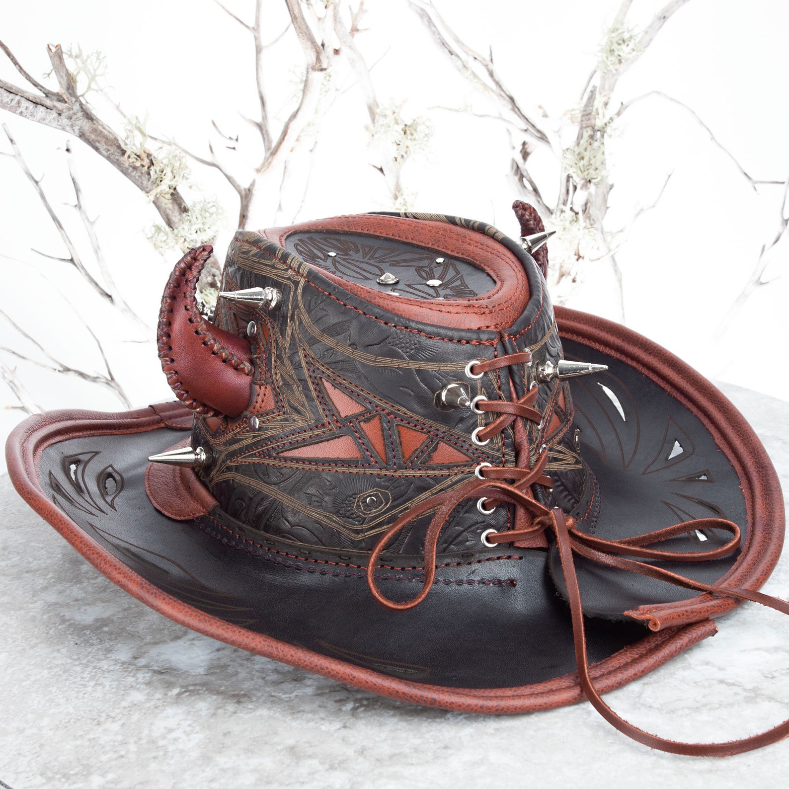 Devil Horns Diablo Windrider Leather Hat Wide Brimmed Etsy