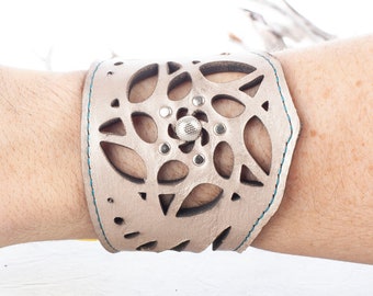 Leather Bracelet, Arm Cuff, Leather Wristlet, Leather Wristband, Filigree Bracelet, Fits an 8" Wrist, Unisex Bracelet, Laser Cut Cuff, Pearl