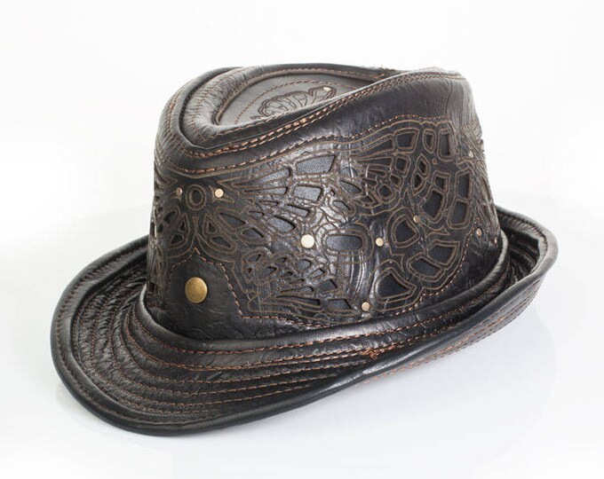 Black Leather Fedora Sassafras Fedora Trilby Art Engraved Filigree Adjustable Brim Burning Man