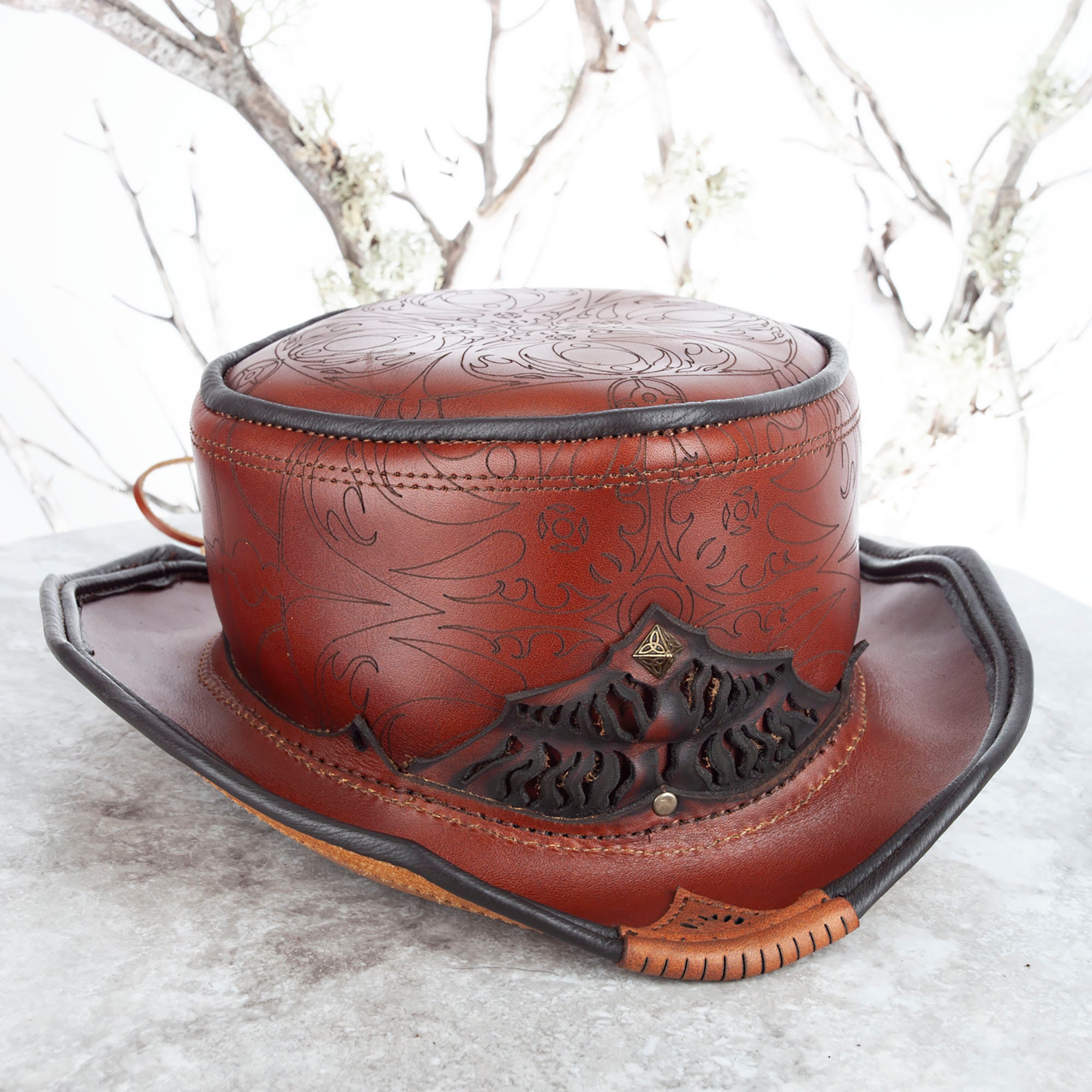 Top Hat Brown Leather Hat Brass 