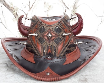 Viking Windrider, Leather Hat, Wide Brimmed Cowboy Hat, Fedora, Wide Brim Fedora, Horns, Buccaneer Hat with Horns, Viking Hat, Mens Hats