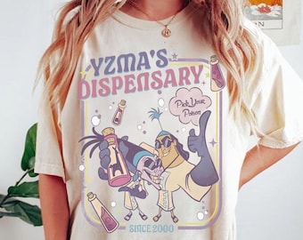 Camiseta retro del laboratorio secreto de Kronk e Yzma, camiseta "Elige tu veneno" del dispensario de Yzma, villanos de "El emperador y sus locuras" de Disney, camiseta "Viaje familiar" de WDW