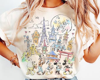 Komfortfarbe Mickey & Friends Disney Epcot Shirt, Epcot World Tour 2026, Disneyland Familienurlaub, Snacks trinken auf der ganzen Welt Shirt