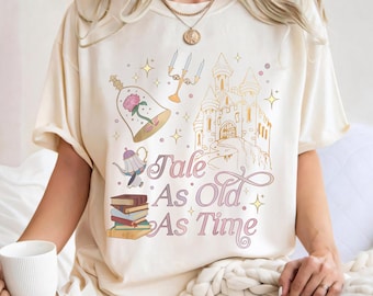 Camiseta "Cuento retro tan antiguo como el tiempo", camiseta de Disney "La Bella y la Bestia", camiseta Comfort Colors "Rosa Encantada", camiseta de princesa intelectual del castillo de Bella