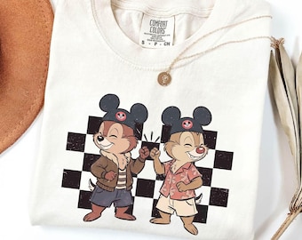 Camiseta a cuadros Comfort Color de Chip y Dale, camiseta retro de Chip y Dale Double Trouble, camiseta de Walt Disney World, viaje de vacaciones familiares a Disneyland