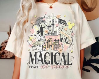 Retro Den mest magiska platsen på jorden Komfortfärger-skjorta, Musse Disneyworld-skjortor, Disney-tröja, Disney 2026-resa Disney-semestertröja