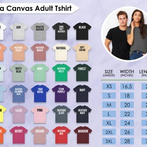 K&ouml;nnte beinhalten: Produktbild mit einer Auswahl an Bella Canvas Erwachsenen-T-Shirts in verschiedenen Farben, darunter Wei&szlig;, Schwarz und Heather Grey. Die Abbildung enth&auml;lt auch eine Gr&ouml;&szlig;entabelle mit Ma&szlig;en in Zoll, von XS bis 3XL, mit Breiten von 16,5 bis 28 Zoll und L&auml;ngen von 27 bis 33 Zoll.