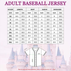 May include: A chart detailing adult baseball jersey measurements in inches and centimeters. Includes sizes XS to 5XL, with measurements for length, bust, sleeve, and shoulder. The text "ADULT BASEBALL JERSEY" is at the top.