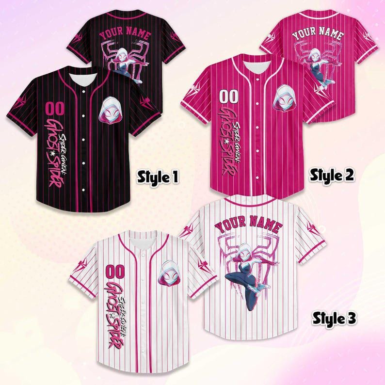 May include: Baseball jerseys in black, pink, and white with a Spider-Gwen theme. Each jersey features the text "YOUR NAME" and "00", along with the words "SPIDER GWEN" and "GHOST SPIDER". The jerseys have short sleeves and a button-up front.