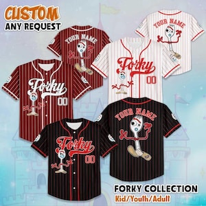 May include: Baseball jerseys in red, white, and black with pinstripes and the character Forky. The jerseys feature the text "Forky" and "Your Name", with the number "00". The image also includes the text "CUSTOM ANY REQUEST" and "FORKY COLLECTION Kid/Youth/Adult".