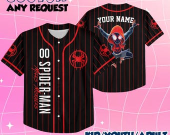 Personalize Spiderman Miles Morales Black Red, Custom Kid Youth Adult Disney Jersey Spider Man Jersey, Baseball Jersey, Gift for Disney Fans