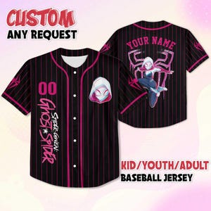 May include: Black baseball jersey with pink pinstripes, featuring a Ghost Spider design. The jersey includes the text "CUSTOM ANY REQUEST" at the top and "KID/YOUTH/ADULT BASEBALL JERSEY" at the bottom. The back has a Spider-Gwen graphic and space for a name.