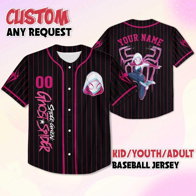 May include: Black baseball jersey with pink pinstripes, featuring a Ghost Spider design. The jersey includes the text "CUSTOM ANY REQUEST" at the top and "KID/YOUTH/ADULT BASEBALL JERSEY" at the bottom. The back has a Spider-Gwen graphic and space for a name.