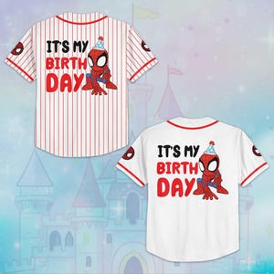 May include: Two baseball jerseys, one striped and one solid white, featuring a Spider-Man graphic and the text "IT'S MY BIRTH DAY" in red and black. Both jerseys have red trim and Spider-Man logos.
