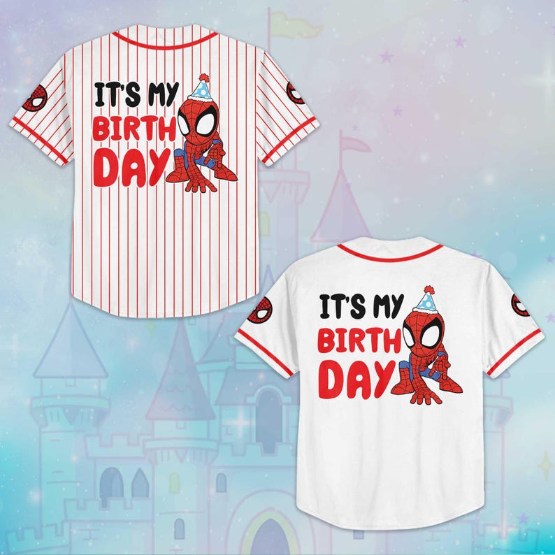 May include: Two baseball jerseys, one striped and one solid white, featuring a Spider-Man graphic and the text "IT'S MY BIRTH DAY" in red and black. Both jerseys have red trim and Spider-Man logos.