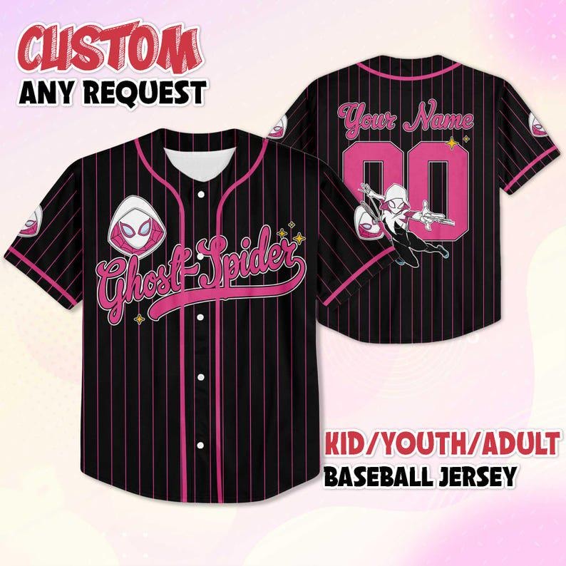 May include: Black baseball jersey with pink pinstripes and accents. Features the text "Ghost Spider" and a character graphic on the front. The back has space for a name and number, with a character graphic. Available in kid, youth, and adult sizes.