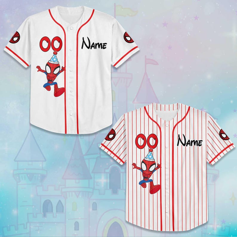 May include: Two baseball jerseys, one white and one red pinstriped, featuring a Spider-Man graphic with a birthday hat. The jerseys have red accents, the word "Name" in black script, and the number "00". Spider-Man logos are on the sleeves.