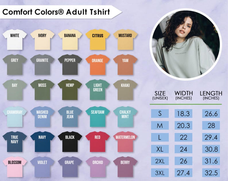 K&ouml;nnte beinhalten: Pr&auml;sentation von Comfort Colors Erwachsenen-T-Shirts in verschiedenen Farben, darunter Wei&szlig;, Grau und Blau. Eine Gr&ouml;&szlig;entabelle zeigt die Ma&szlig;e in Zoll f&uuml;r Unisex-Gr&ouml;&szlig;en S bis 3XL. Das Bild zeigt auch eine Frau, die ein hellgr&uuml;nes Shirt tr&auml;gt.