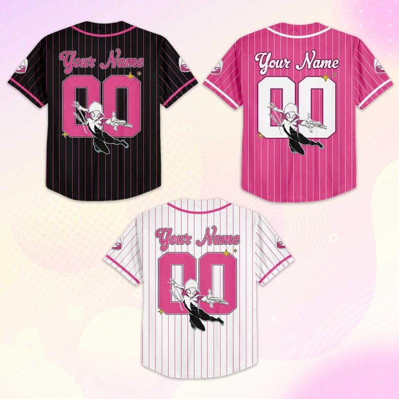 May include: Three baseball jerseys in black, pink, and white, each with vertical stripes. The jerseys feature the text "Your Name" above the number "00" and a superhero graphic. Sleeves and collars have contrasting colours.