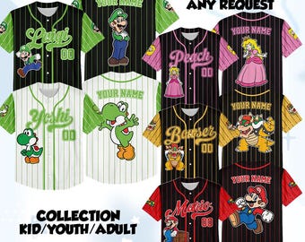 Custom Super Mario Baseball Jersey, Mario Family Matching Shirts, Super Mario Birthday, Luigi Yoshi Toad Bowser Princess Peach Donkey Kong