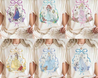 Camiseta de princesas Disney con lazos Coquette, colores cómodos, Tiana, Ariel, Elsa, Rapunzel, Bella y Jasmine, princesas Disney.