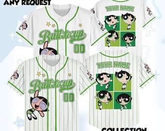 Personlig Buttercup-kollektionens basebolltröja, Powerpuffpinglornas tecknade outfit, anpassad barn-, ungdoms-, vuxen-, tecknad lagoutfit
