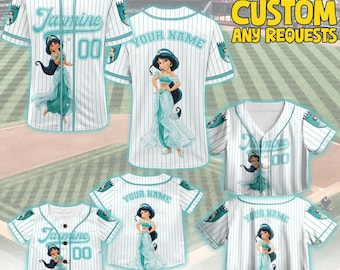 Camiseta personalizada de la princesa Disney Jasmine y Aladdin, con nombre personalizado, para niños y adultos, ideal como regalo para fanáticos del béisbol.