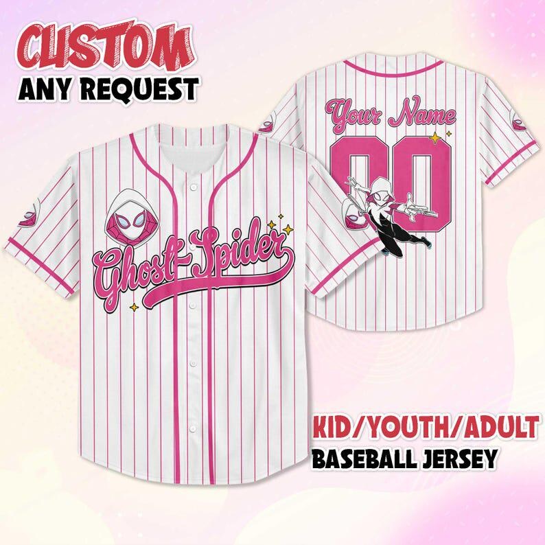 May include: White and pink pinstripe baseball jersey with the text "Ghost Spider" and a character graphic. The jersey has a button-up front and short sleeves. The back of the jersey has the text "Your Name" and the number "00". The text "CUSTOM ANY REQUEST" is at the top.