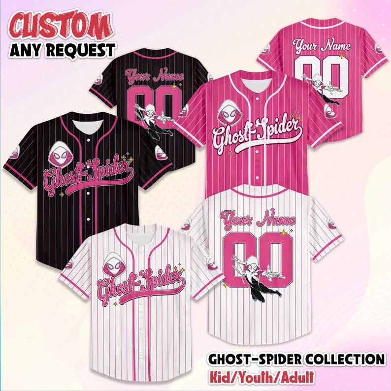 May include: Custom Ghost-Spider baseball jerseys in black, pink, and white with pinstripes. Each jersey features the Ghost-Spider logo and the option to add a name and number. The image includes the text "CUSTOM ANY REQUEST" and "GHOST-SPIDER COLLECTION Kid/Youth/Adult."