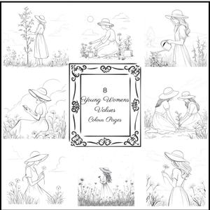 Peut inclure: Pages de coloriage en noir et blanc représentant des jeunes femmes dans des environnements extérieurs. Les scènes incluent le jardinage, la lecture et l'appréciation de la nature. Le texte sur l'image indique "8 Young Womens Values Colour Pages."
