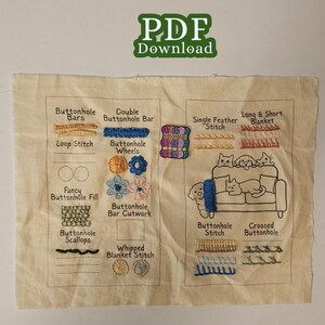 Inserto de página del libro de puntadas de la colección de ojales – Patrón de práctica imprimible para bordado a mano – Instrucciones de montaje incluidas