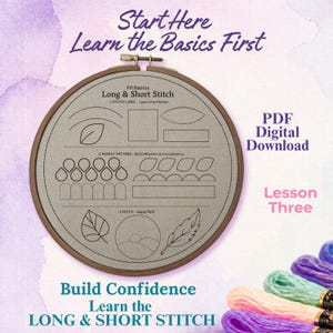 Puede incluir: Un bastidor de bordado de madera con tela impresa con líneas negras para una lección de puntada larga y corta. El texto dice Start Here Learn the Basics First, Fill Basics Long & Short Stitch, 1. STITCH LINES, 2. REPEAT PATTERN, 3. MOTIF.