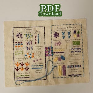 Página del libro de puntadas anudadas y tejidas – Patrón de bordado a mano – Inserto para libro de puntadas de tela – Descarga digital