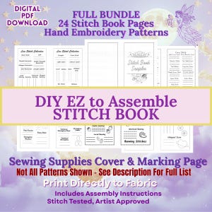 Puede incluir: Descarga digital en PDF de un libro de puntadas con 24 patrones de bordado a mano. La portada dice "DIY EZ to Assemble STITCH BOOK". Incluye instrucciones de montaje y está listo para imprimir en tela.