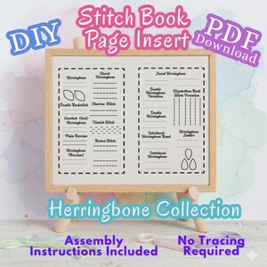 May include: A light-coloured stitch book page insert in a wooden frame featuring black text and diagrams for various embroidery stitches including Herringbone, Chevron, and Russian. The text reads DIY Stitch Book Page Insert PDF Download.