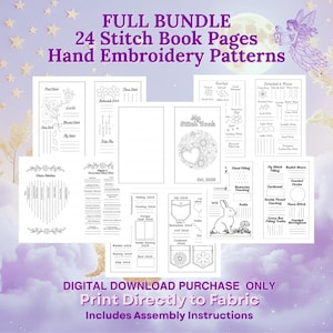 May include: A collection of 24 hand embroidery patterns, presented as a digital download. The pages feature various stitch types, including chain stitches, fly stitches, and more. The text "My Stitch Book" is visible, along with the year "Est. 2025".