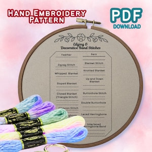 May include: A hand embroidery pattern PDF download featuring a wooden hoop with beige fabric printed with Edging & Decorative Band Stitches text and stitch names, accompanied by five skeins of variegated pastel embroidery thread.