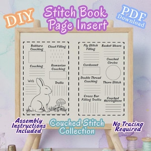 Puede incluir: Una inserción de página de libro de costura DIY con varios patrones de puntada de acolchado. La inserción incluye un dibujo de un conejo y una seta, y el texto "Assembly Instructions Included" y "No Tracing Required".