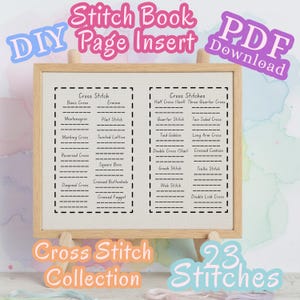 Puede incluir: Un inserto de página de punto de cruz enmarcado en madera con el texto "Stitch Book Page Insert" y "PDF Download". El inserto muestra una lista de tipos de punto de cruz, incluyendo "Basic Cross" y "Half Cross". Las palabras "Cross Stitch Collection" y "23 Stitches" también son visibles.