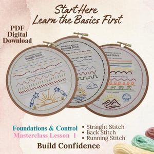 May include: Three circular wooden embroidery hoops containing white fabric with printed embroidery practice patterns. The text includes Start Here Learn the Basics First, PDF Digital Download, Foundations & Control, Straight Stitch, Back Stitch, Running Stitch, and Build Confidence.