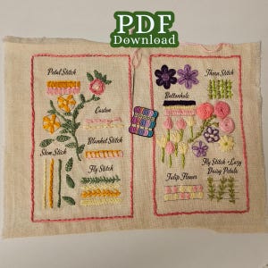 Inserto de página de libro de puntadas de bordado floral - Patrón de transferencia de bordado