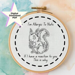 Ardilla y bellota - Alergia a los frutos secos - Patrón de bordado a mano para principiantes - Decoración de cocina - Descarga PDF