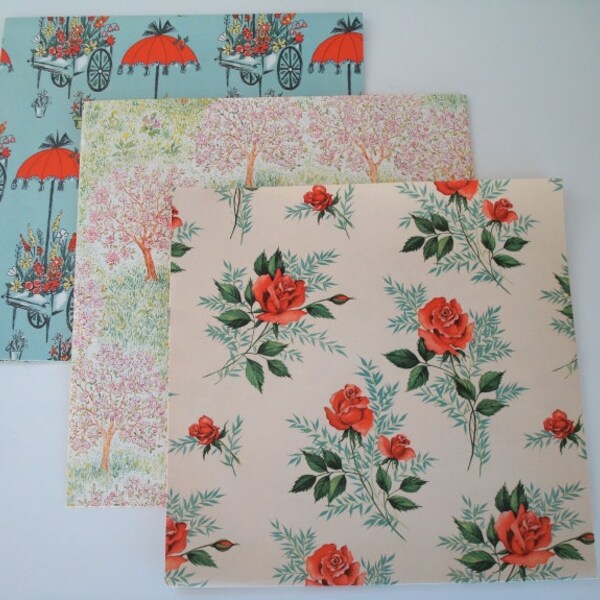 Set Of Three Vintage Wrapping Papers With Pretty Floral Designs